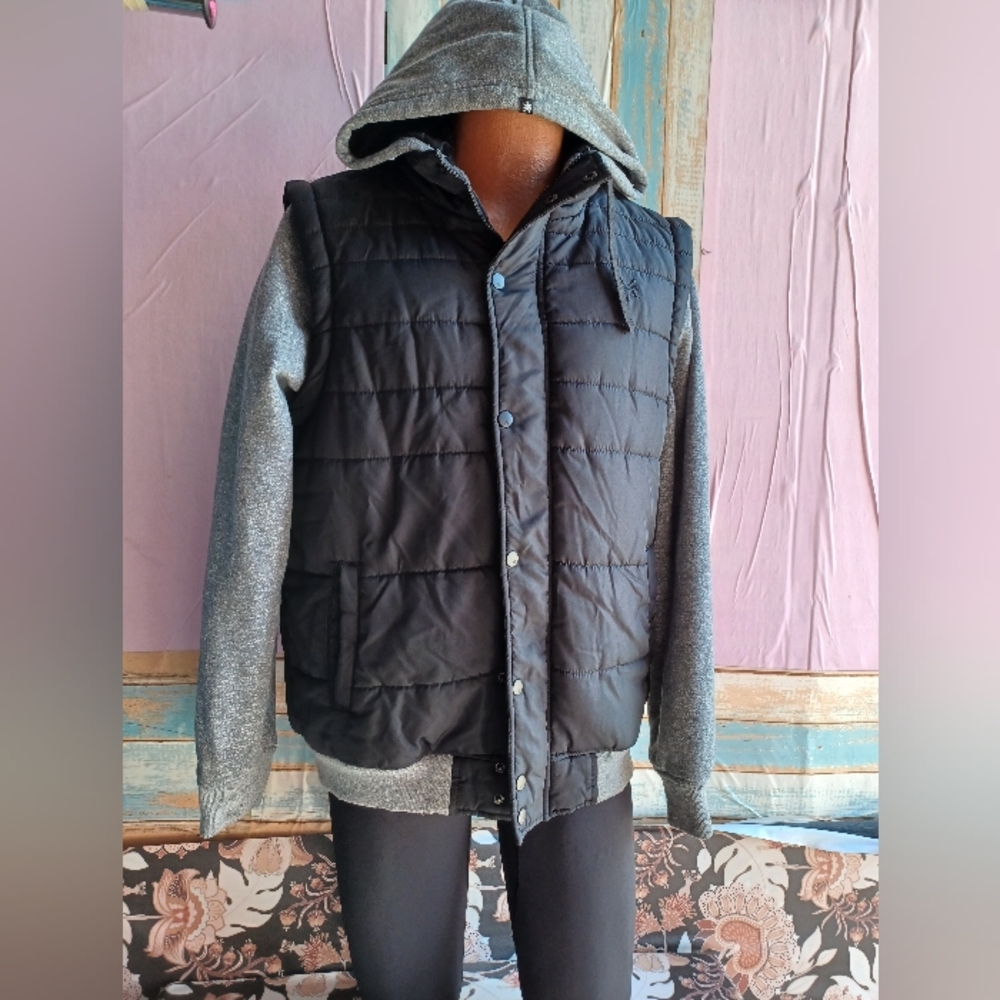 Black and Gray Hooded Puffer Jacket